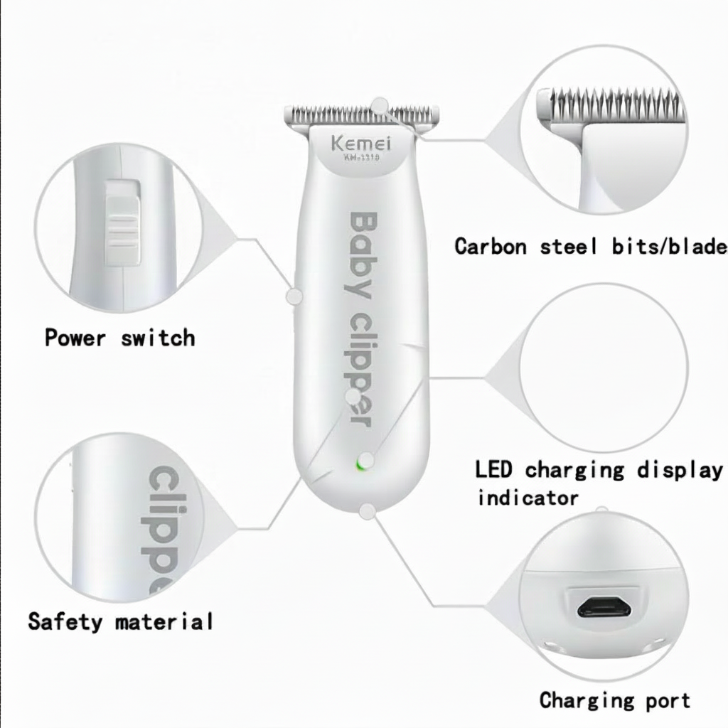 Baby hair clipper detailed features with corrected charging port label