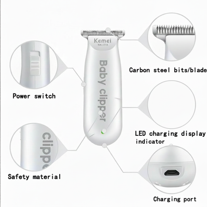 Baby hair clipper detailed features with corrected charging port label
