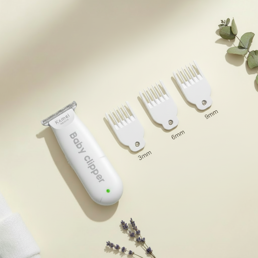 Baby hair clipper with three guard sizes, eucalyptus and lavender styling