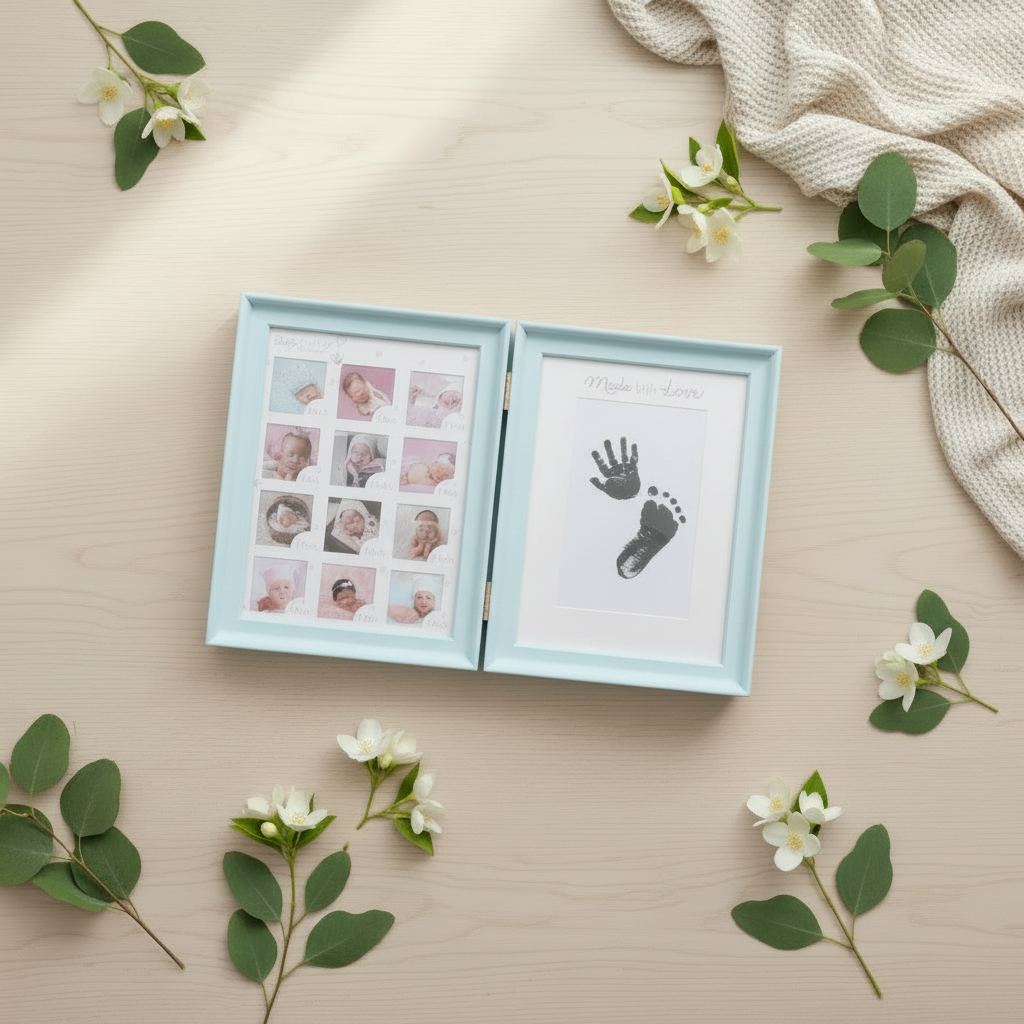Blue hand and footprint frame with monthly milestone photos