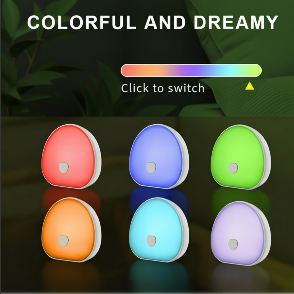 Colorful night light displaying 6 different color options without bottom text