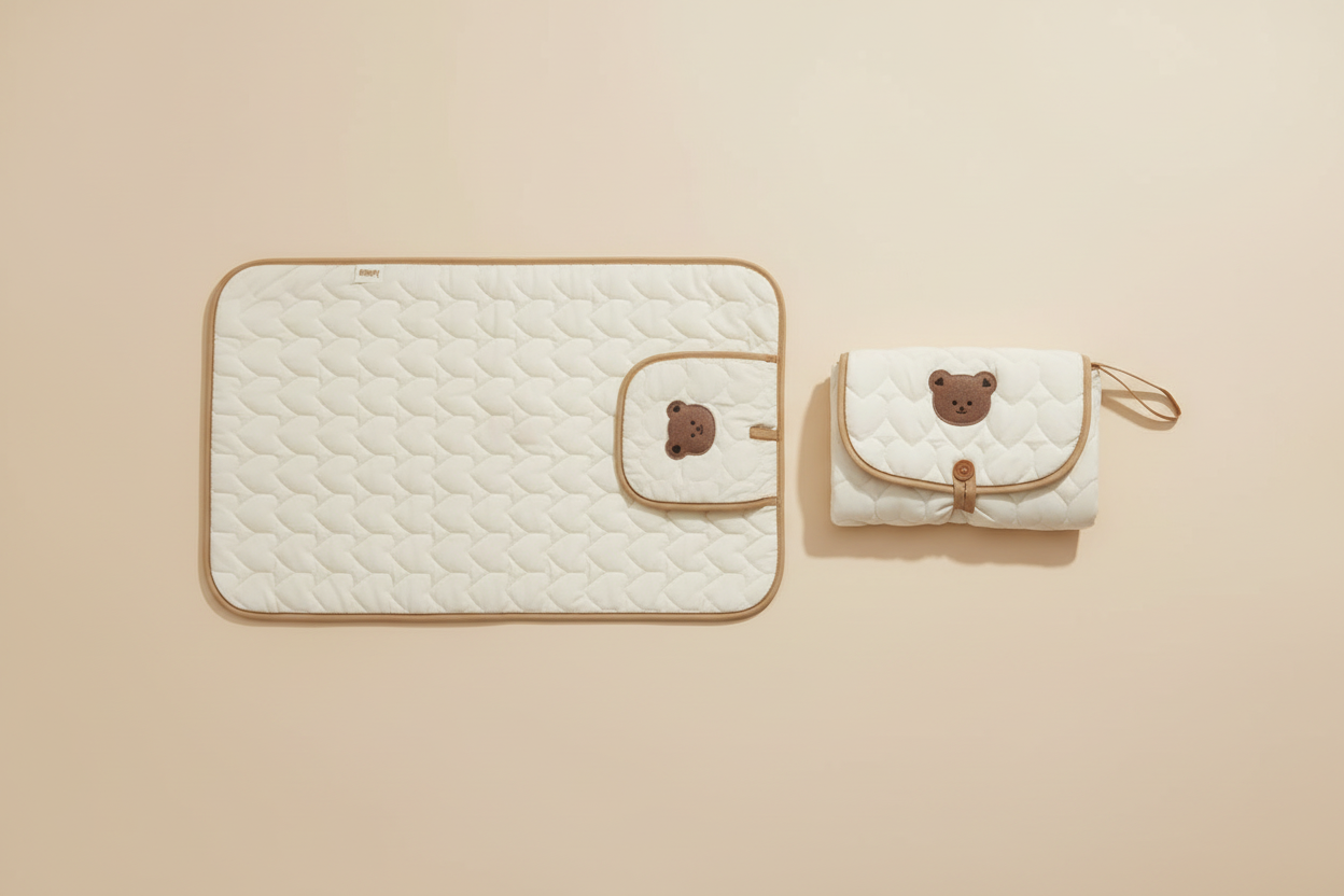 Flattened changing pad display with warm neutral background