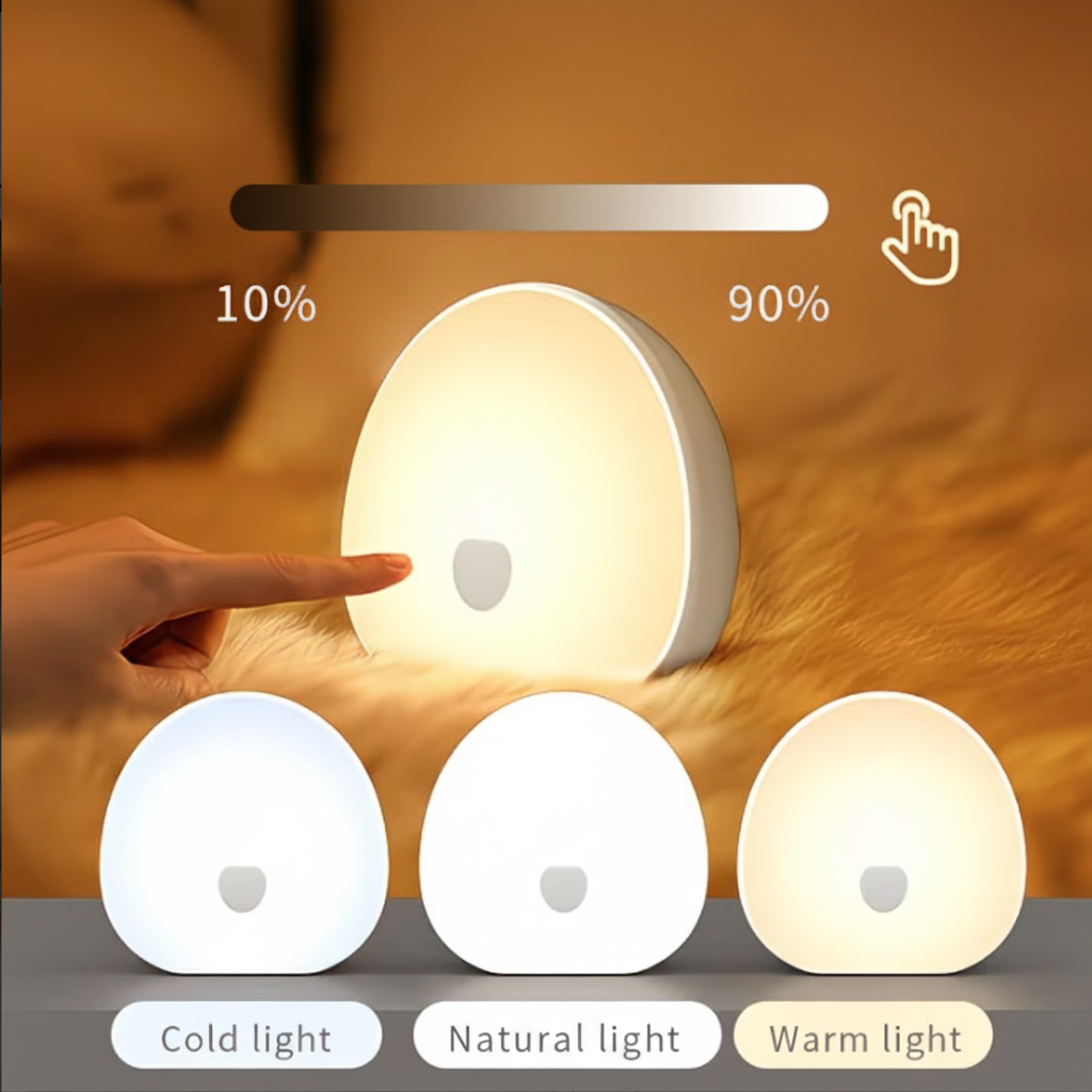 Night light showing three different lighting modes and dimming feature