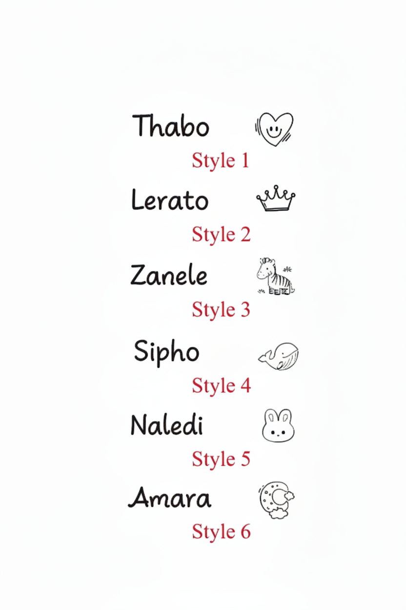 Personalization styles chart with South African names without bottom text
