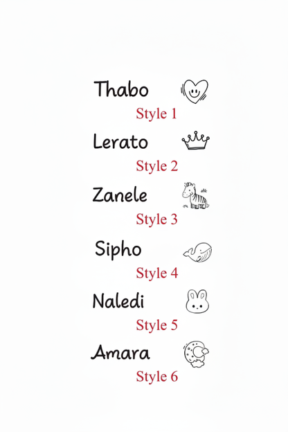 Personalization styles chart with South African names without bottom text