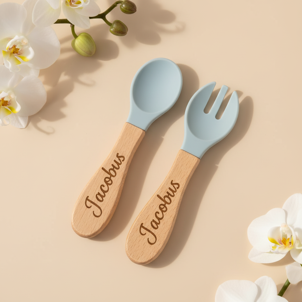 Personalized wooden spoon and fork with silicone tips - name Jacobus