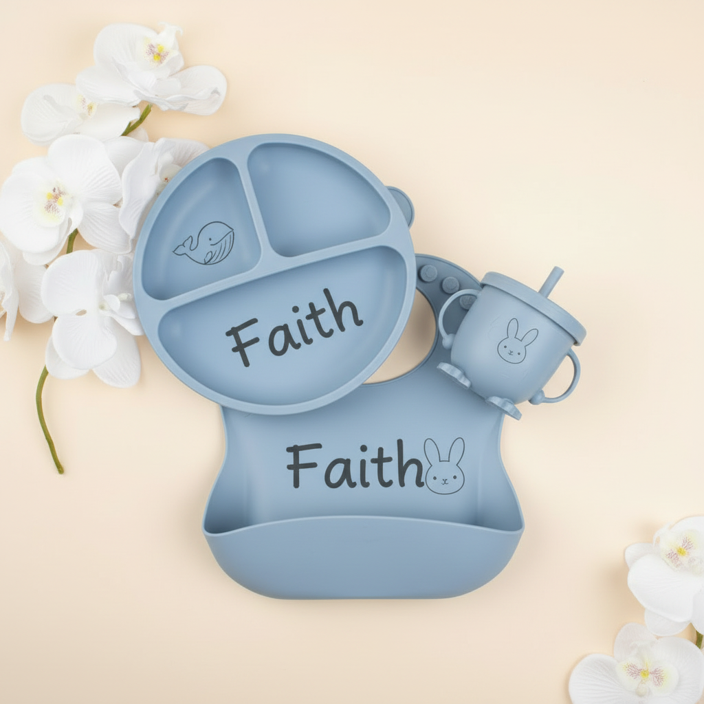 Plate, bib, and cup only - personalized with Faith and bunny design