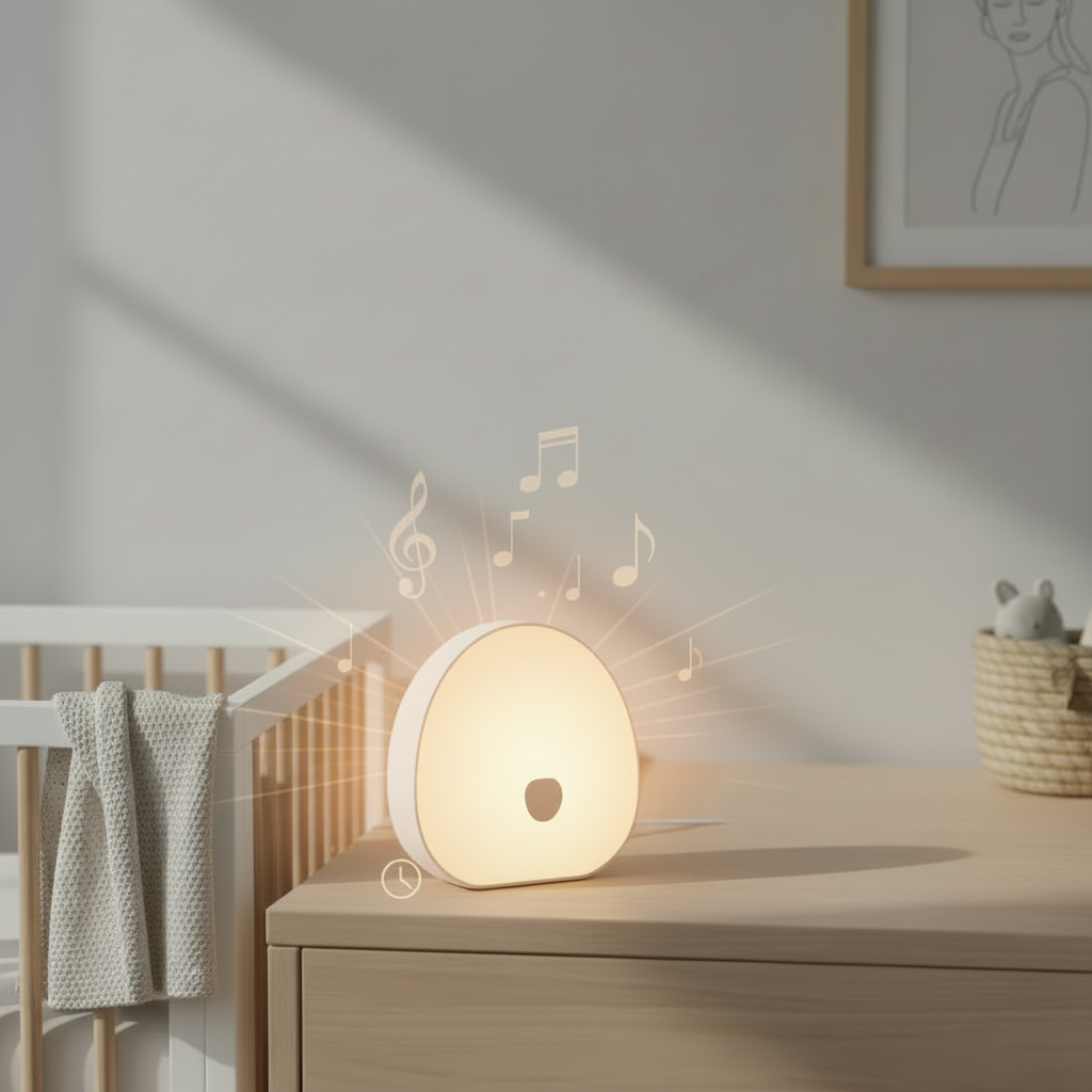 White noise night light with feature icons in bright nursery setting